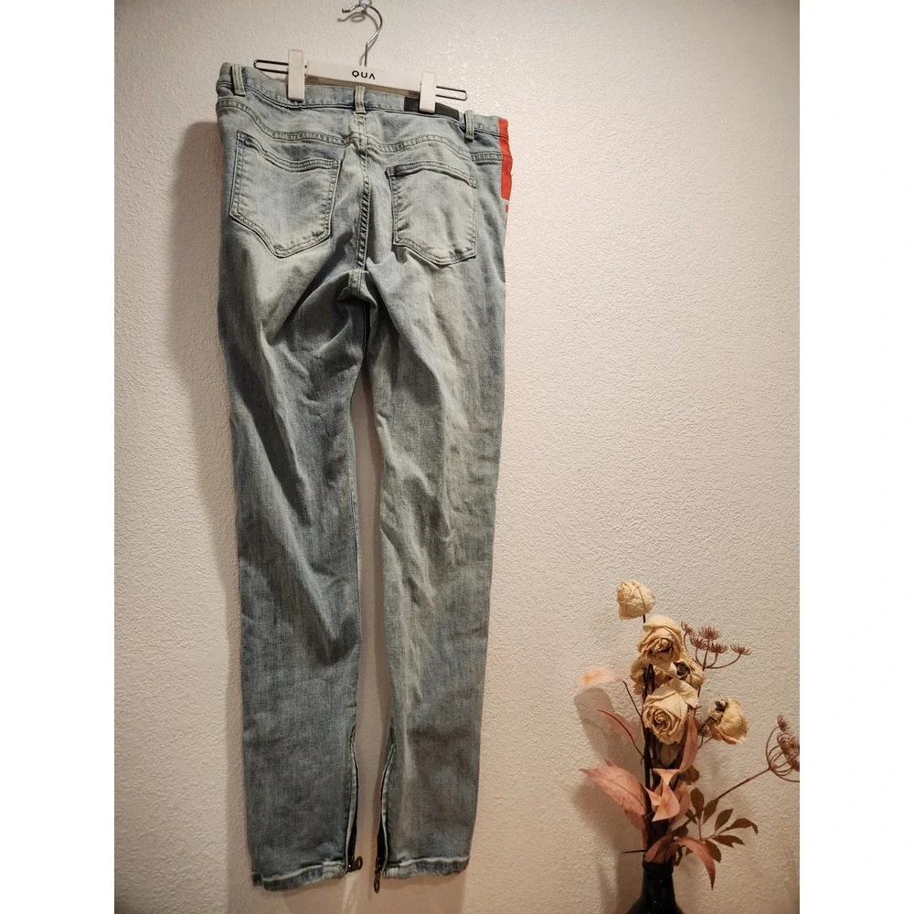 HOMME + FEMME Red Stripe Jeans Size 32 Logo Denim‎ Ankle Zip Distressed YKK